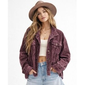 Natural Reflections Corduroy Trucker Jacket Womens XL Purple Acid Wash Raw Hem‎